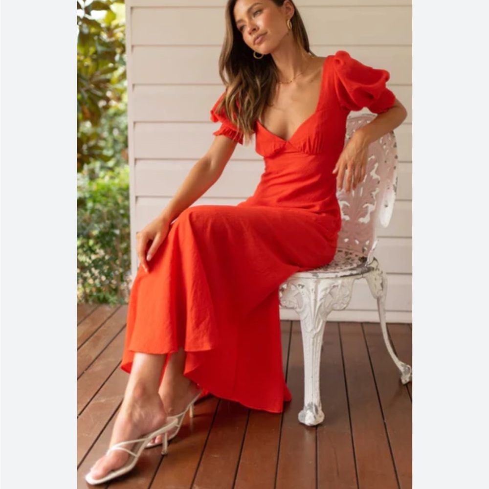 Indikah Orange Red Puff-Sleeve strappy cut-out back Maxi Dress